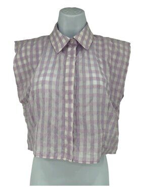 Zara NWT Women's Lavender Gingham Shoulder Pad Crop‎ Button Front Trendy Top S